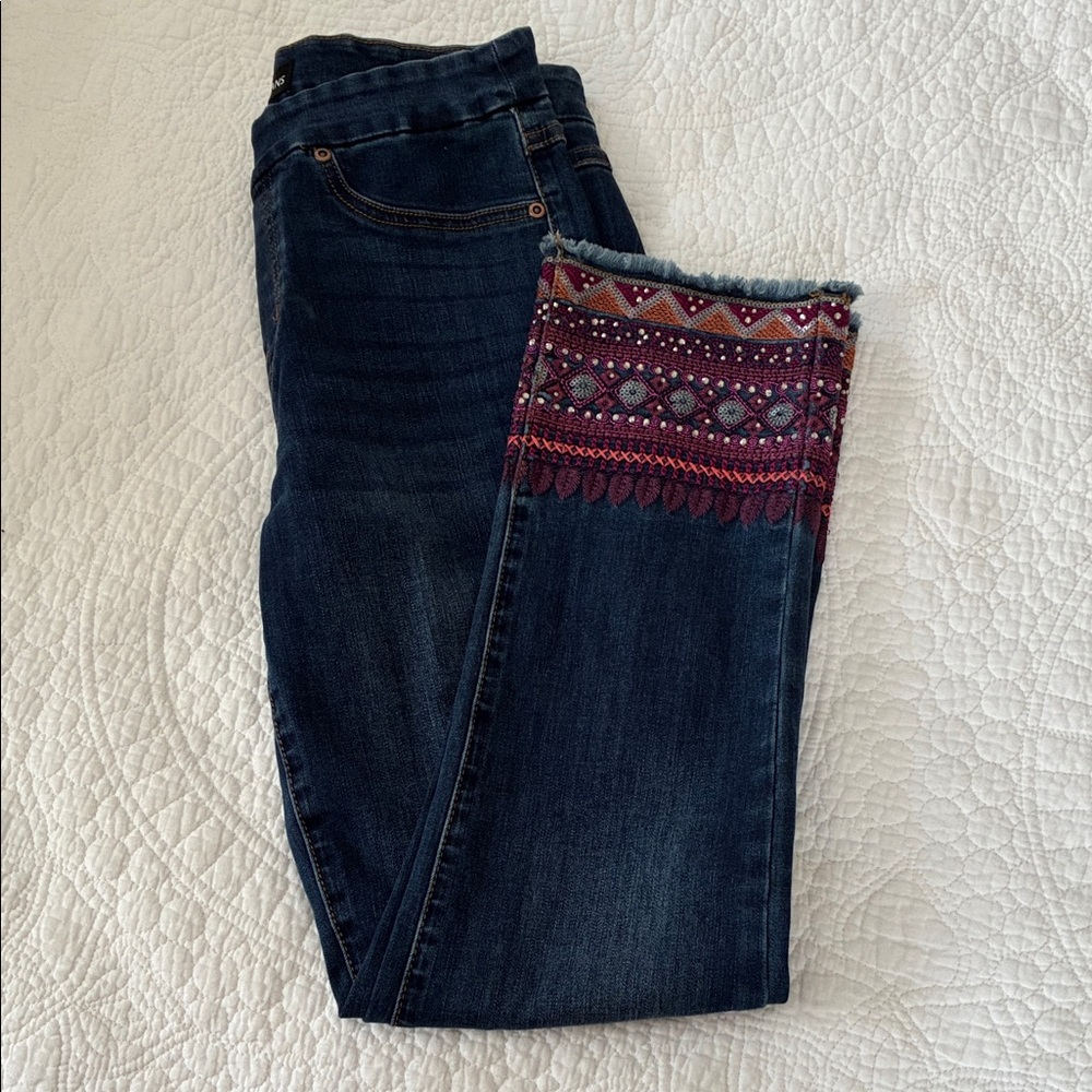 Tribal Dark Blue Jeans with Red Embroidery